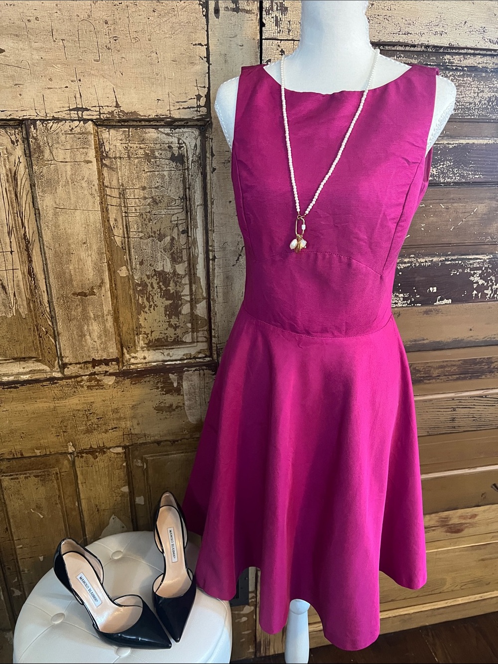 REISS Cerise Pink Fit & Flare Dress | Open Back Cocktail Midi | Size 6
